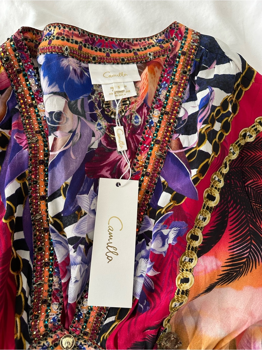 Camilla Printed Embellished Silk Kimono Maxi Dress Wild Loving NWT Size Small - Picture 6 of 6